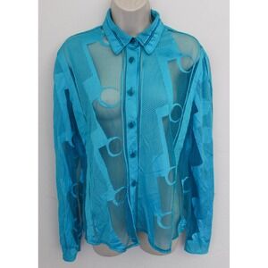 Istante Shirt Womens 46 Turquoise Mesh Blouse Button Front Italy Vintage *Flaw